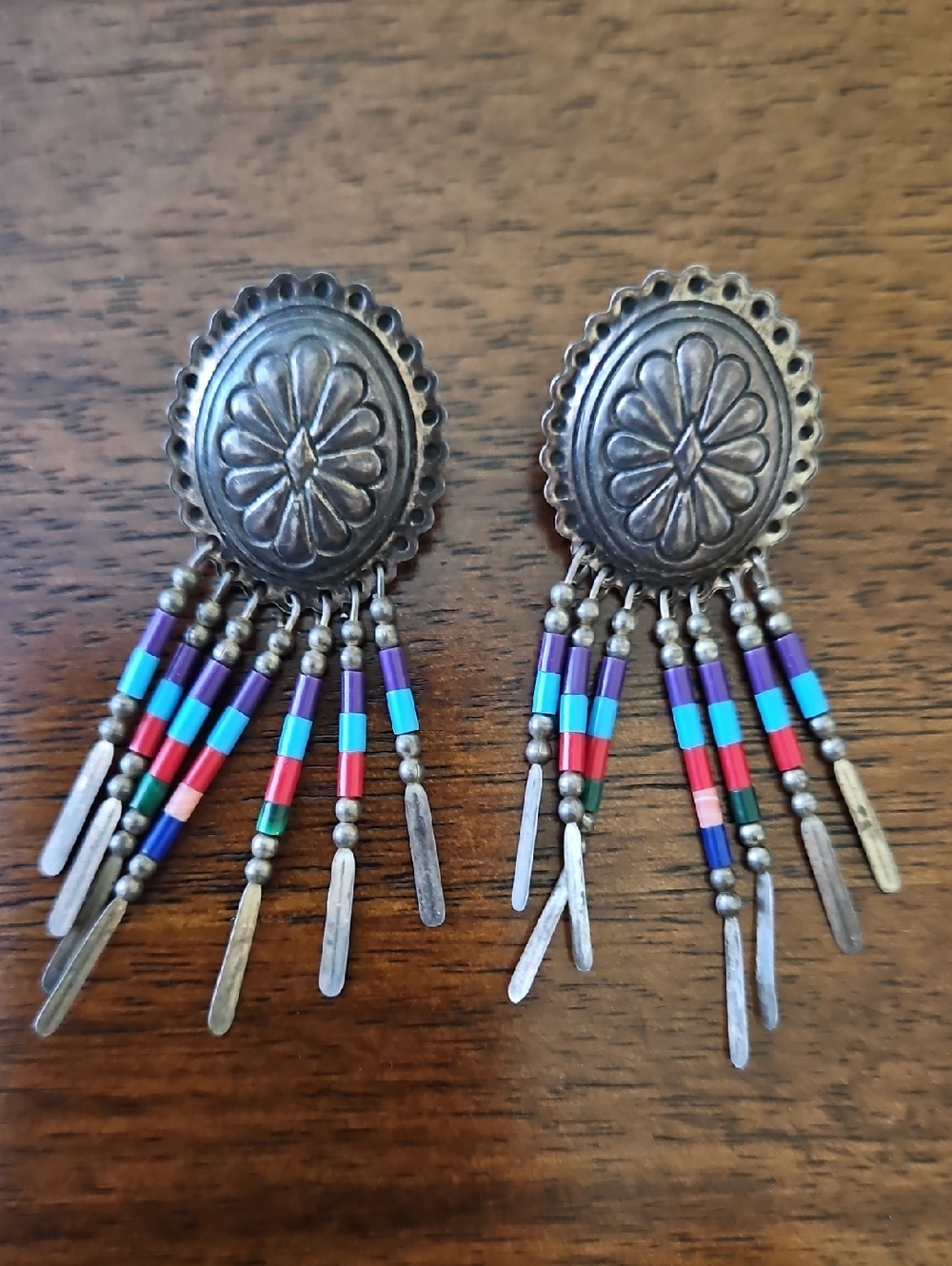 Native American Concho and Quill Post Earrings Vintage
